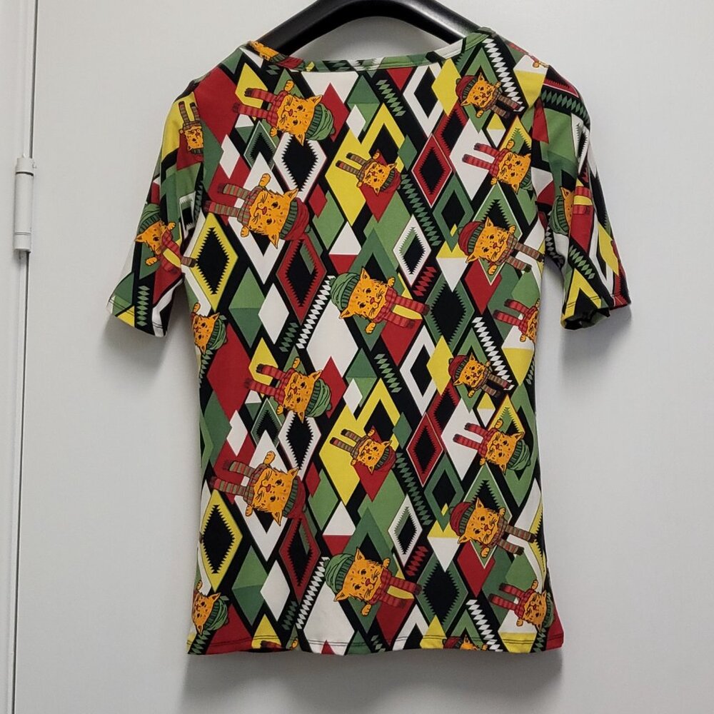 LuLaRoe Womens Top Large Holiday Christmas Cat Print Short Sleeve Stretch - Picture 6 of 11